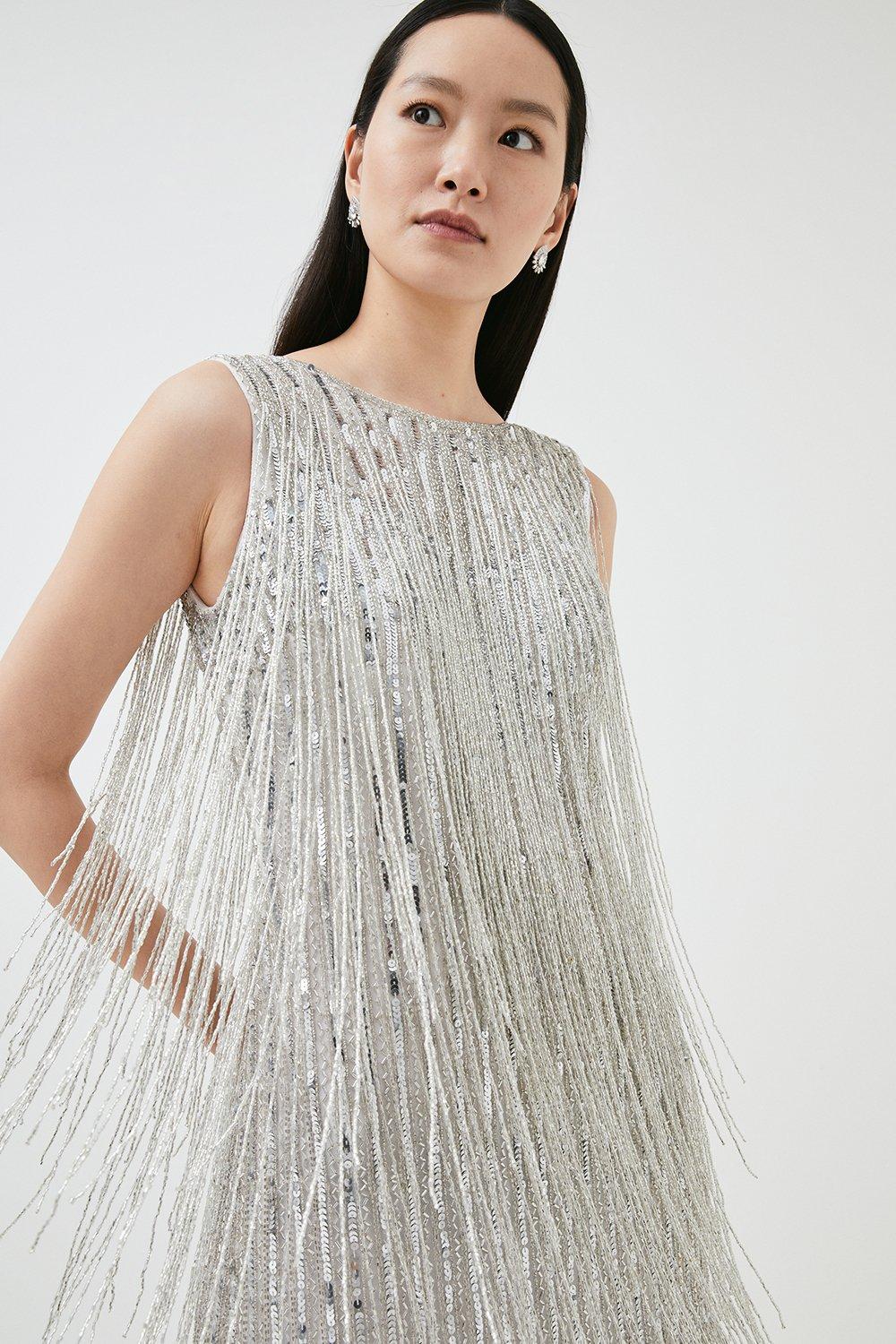 Beaded Fringed Low Back Woven Maxi ...